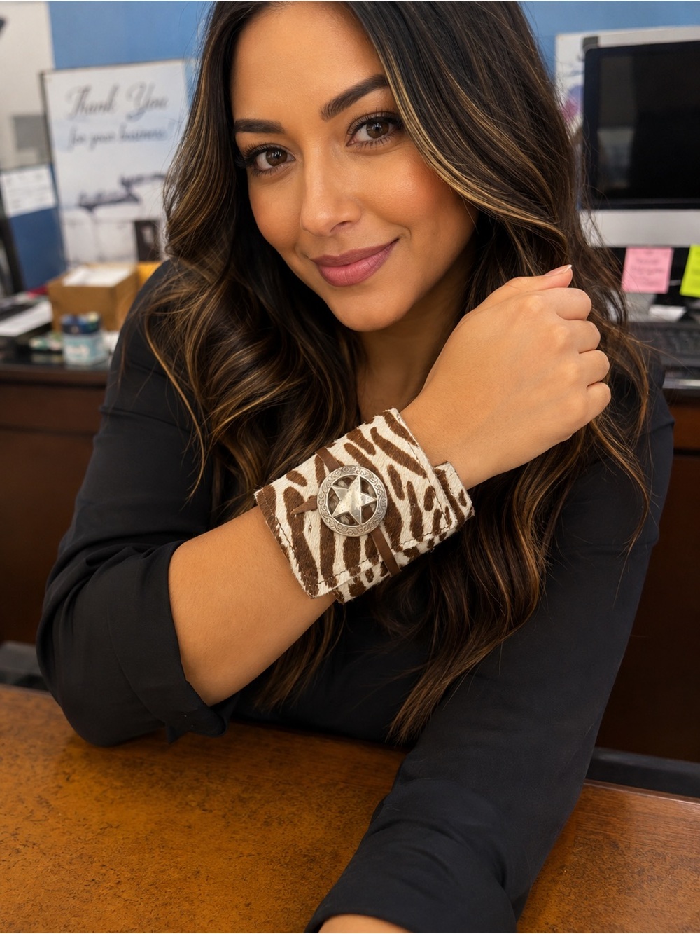 Source Unknown Brown and Cream Zebra Print Leather Cuff with Silver Star
